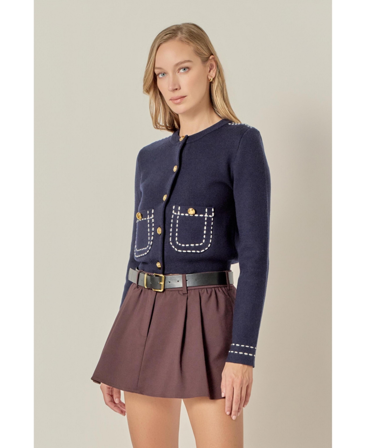 English Factory Women's Stitch Detail Puff Sleeve Cardigan