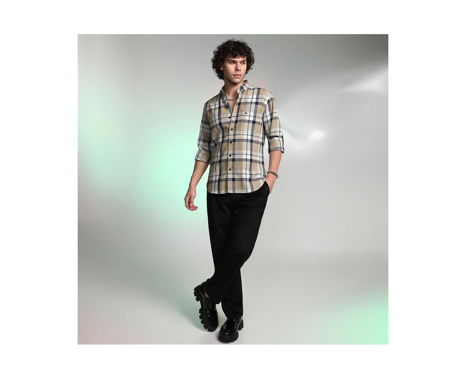 Men's Sand Beige Shadow-Checkered Shirt