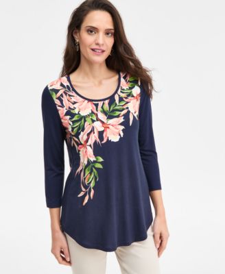 JM Collection - Petite Christa Cascade 3/4-Sleeve Scoop Neck T-Shirt