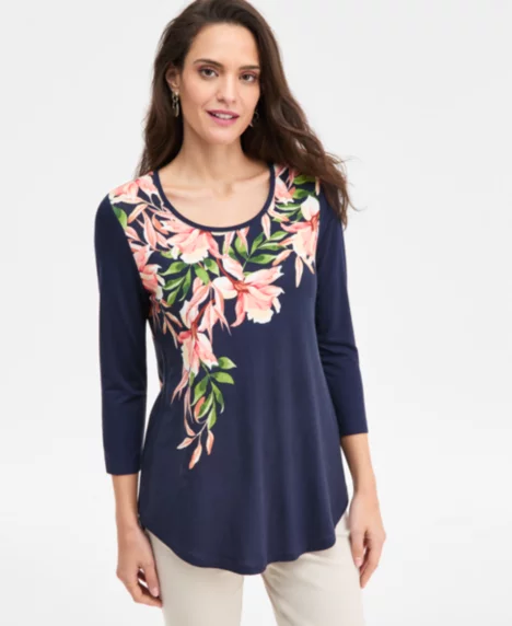 Petite Christa Cascade 3/4-Sleeve Scoop Neck T-Shirt - Intrepid Blue