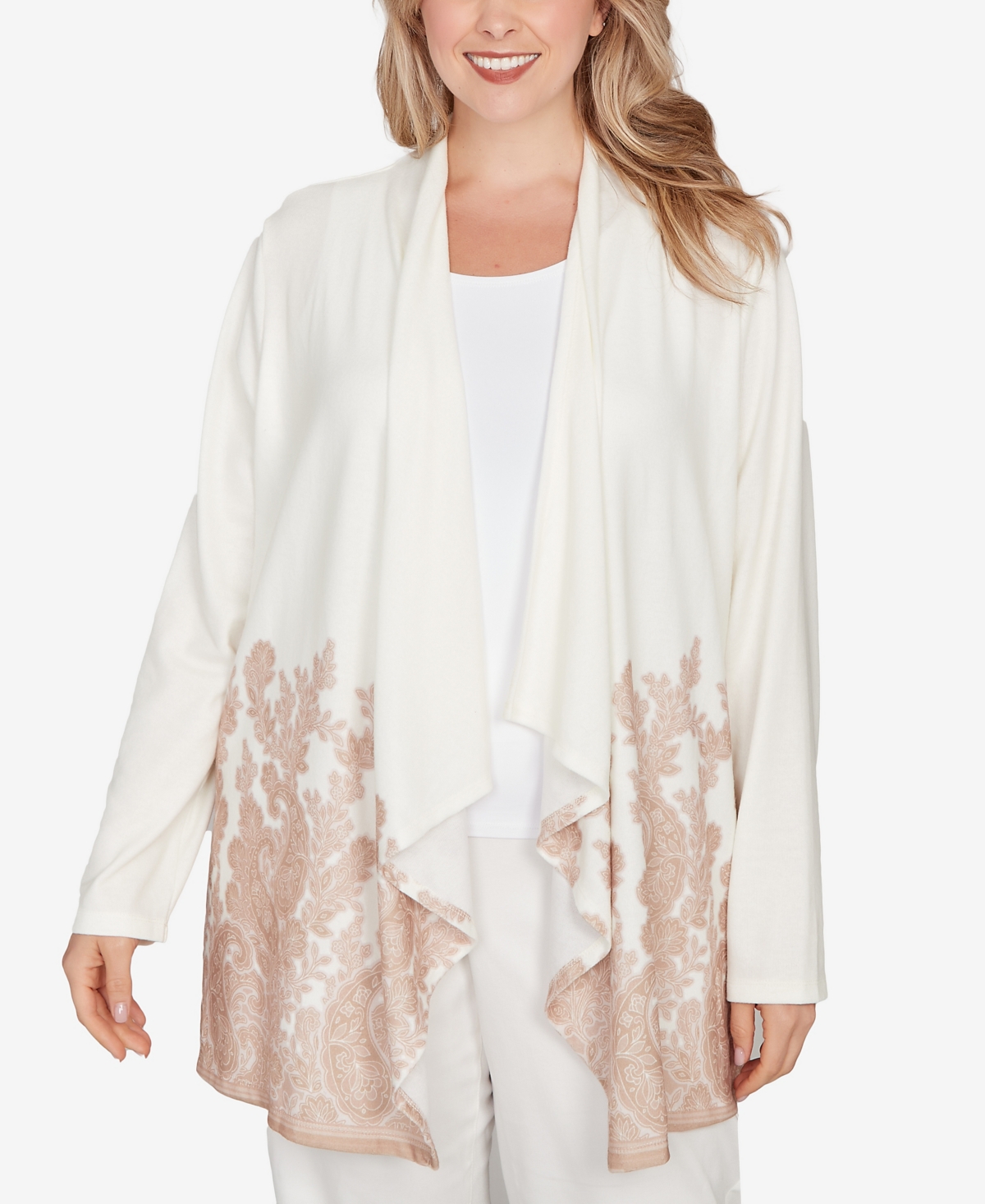 Hearts Of Palm Plus Long Sleeve Border Print Cardigan Sweater