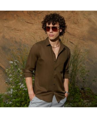 Men's Olive Green Solid Button-Up Shirt