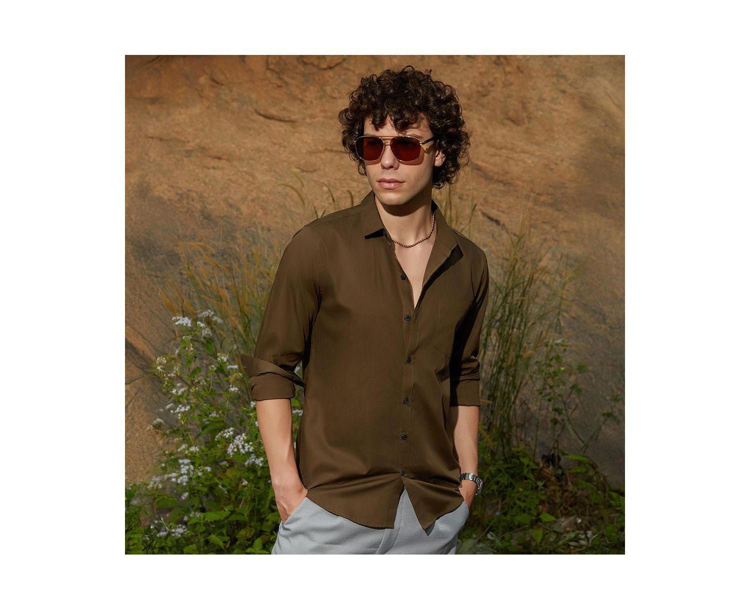 Men's Olive Green Solid Button-Up Shirt