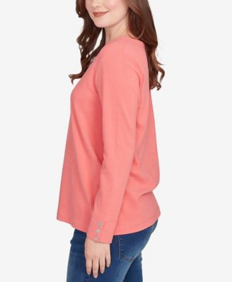 Petite Luxe Rib V-Neck Button Accent Knit Top