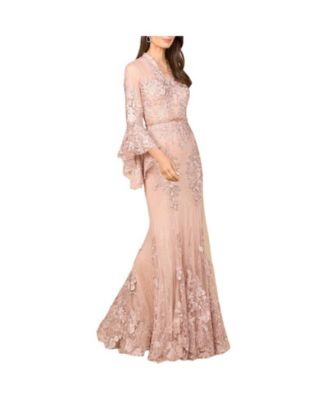 Women's Lace V Neck Long Bell Sleeve Gown