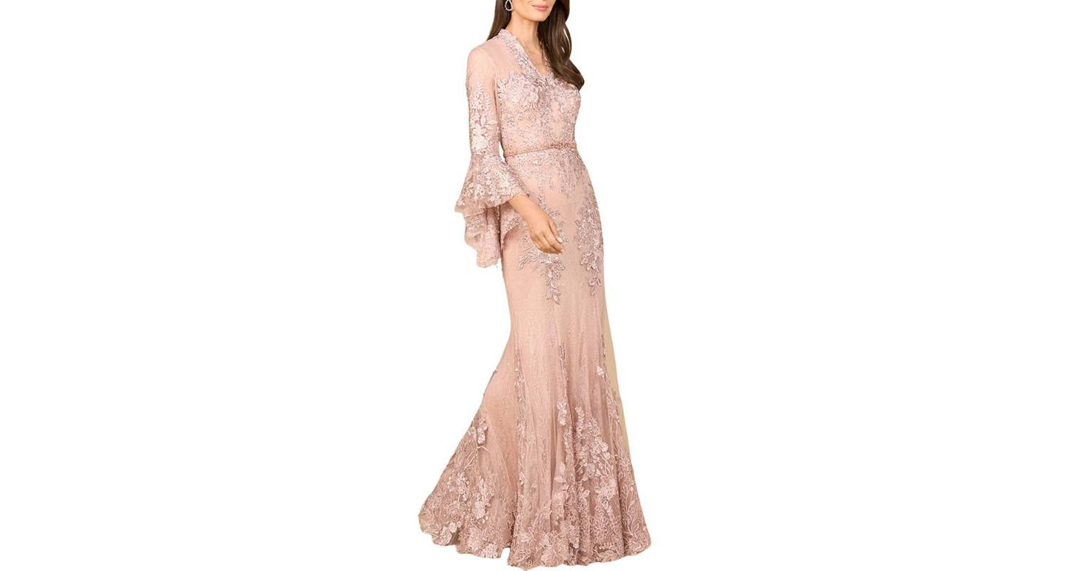 Women's Lace V Neck Long Bell Sleeve Gown
