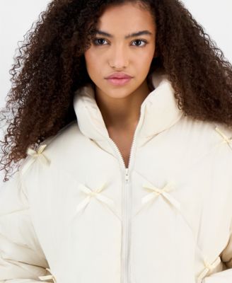 Juniors' Diamond Quilted Bow Puffer Jacket