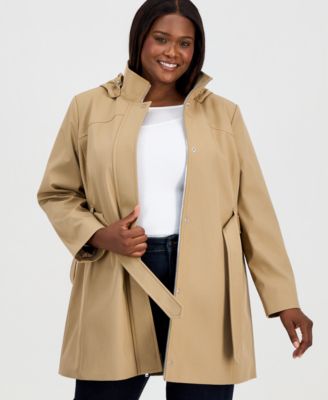 Plus Size Belted Hooded Zip-Front Raincoat