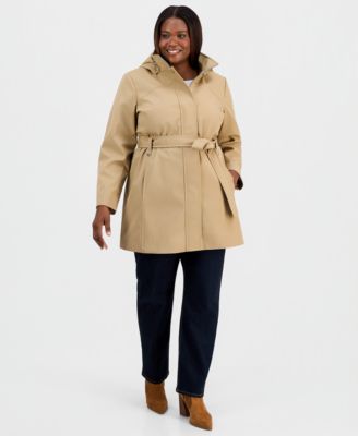 Plus Size Belted Hooded Zip-Front Raincoat
