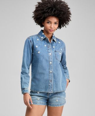 And Now This - Women's Faux-Pearl-Embellished Jean Shirt