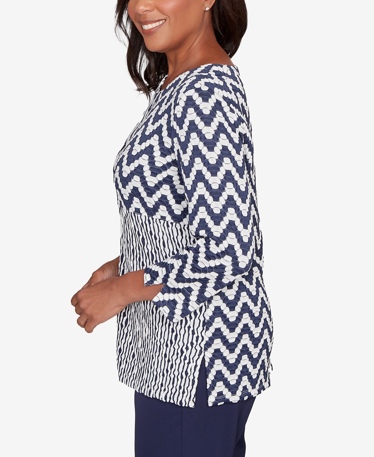 Alfred Dunner Plus Size Saratoga Springs Textured Panel Spliced Knit Top In Multi