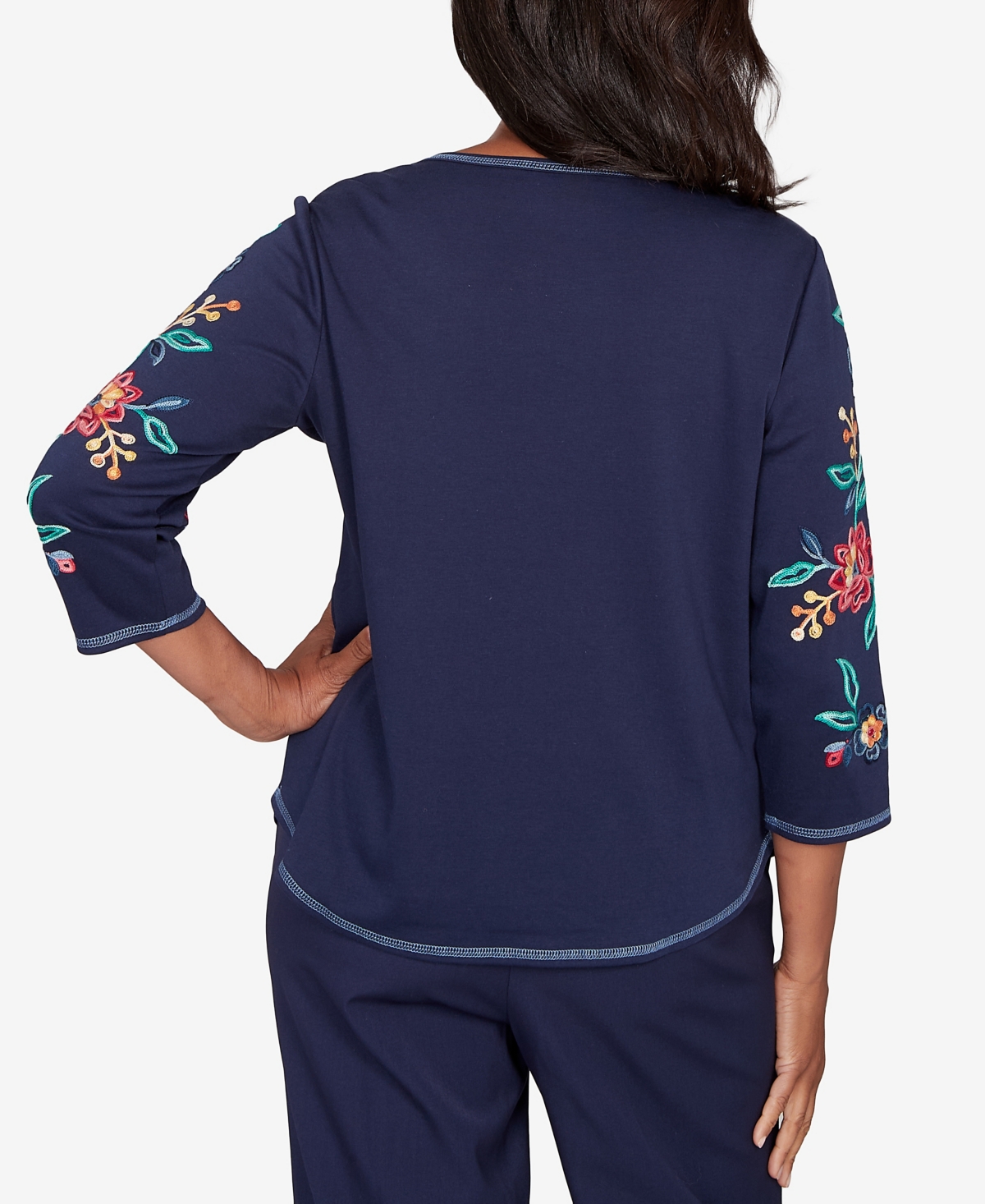 Alfred Dunner Women's Saratoga Springs Embroidered Sleeve Knit Top with Necklace