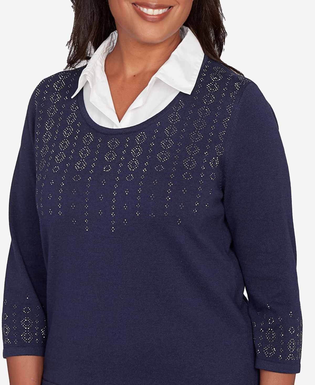 Alfred Dunner Women's Saratoga Springs Metallic Studded Textured Two In One Sweater In Blue