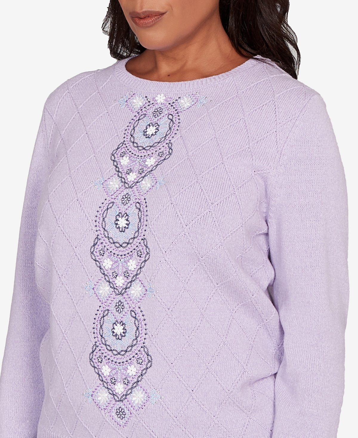 Alfred Dunner Women's Hilton Head Center Embroidery Accent Sweater