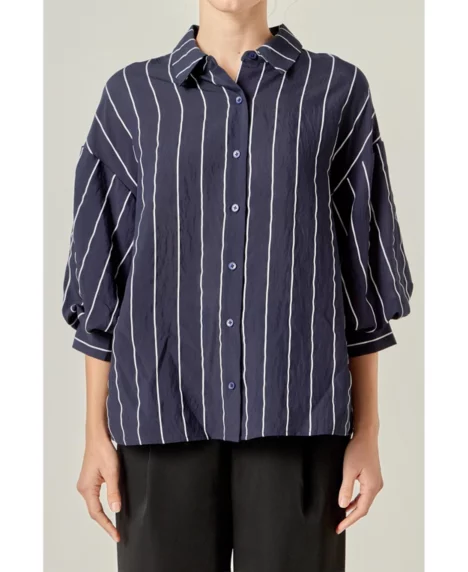 Petite Stripe Ballon sleeve shirt - Navy/white