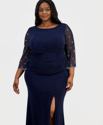 Plus Size Metallic Knit 3/4-Sleeve A-Line Dress