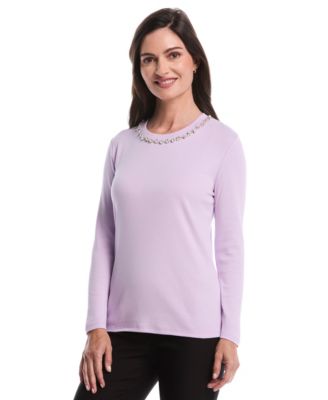 Petite Embellished Neck Long Sleeve Top