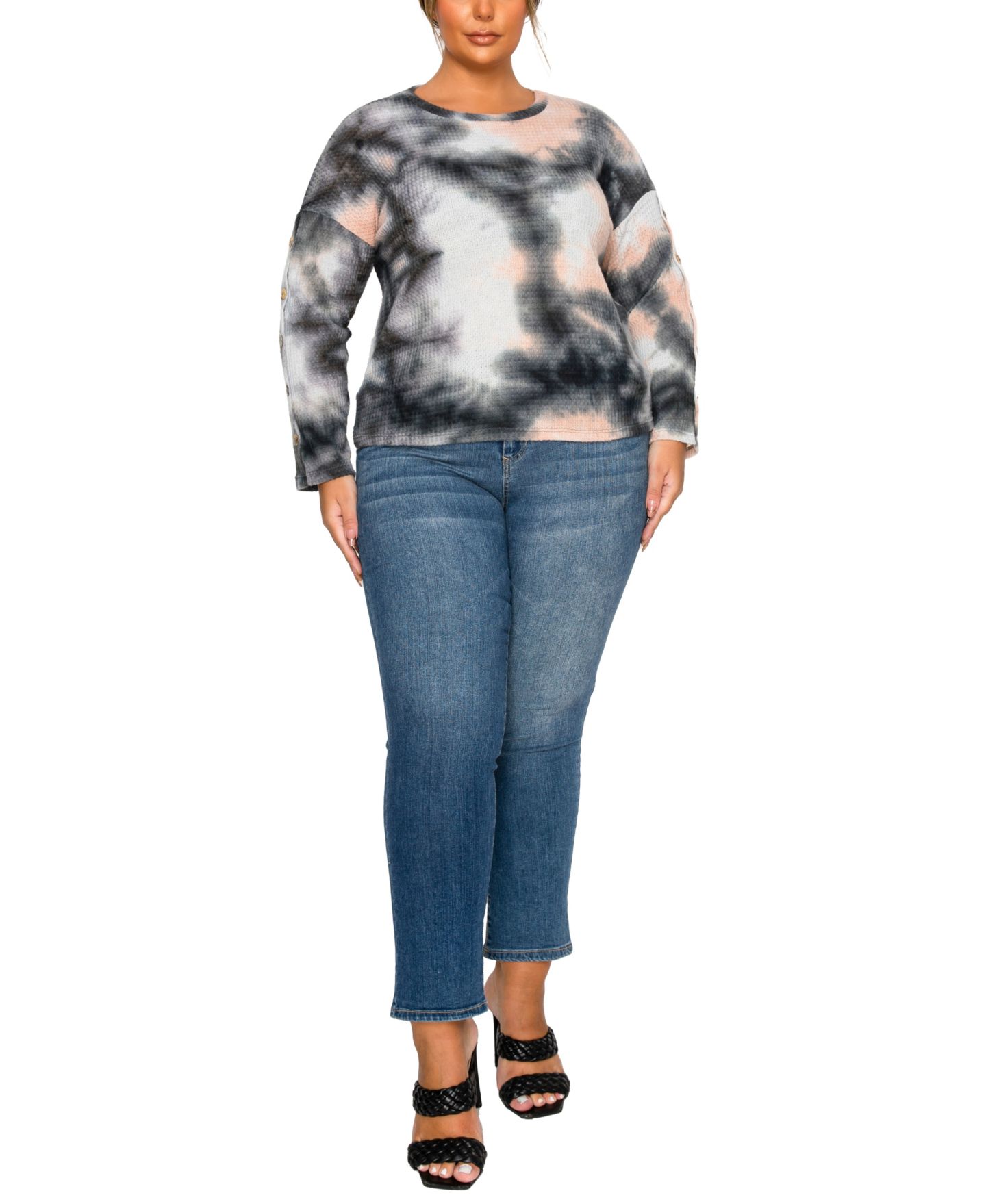Женский топ COIN 1804 Plus Size Brushed Tie Dye Waffle Crew Neck, цвет: Серый — фото 3