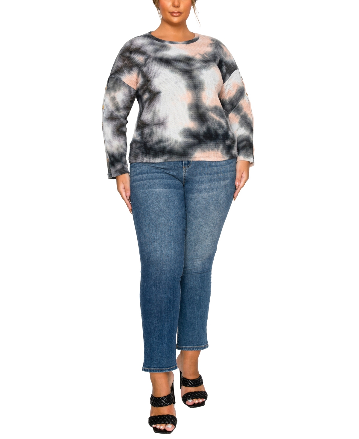 Coin 1804 Plus Size Brushed Tie Dye Waffle Crew Neck Top In Gray