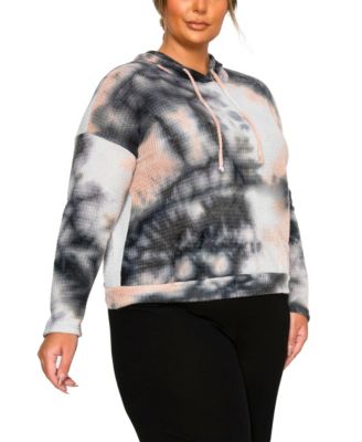 Plus Size Brushed Tie Dye Waffle Drawstring Sweatshirt