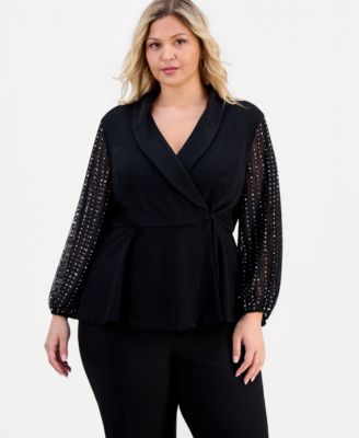 Plus Size Metallic Knit Beaded-Sleeve Top