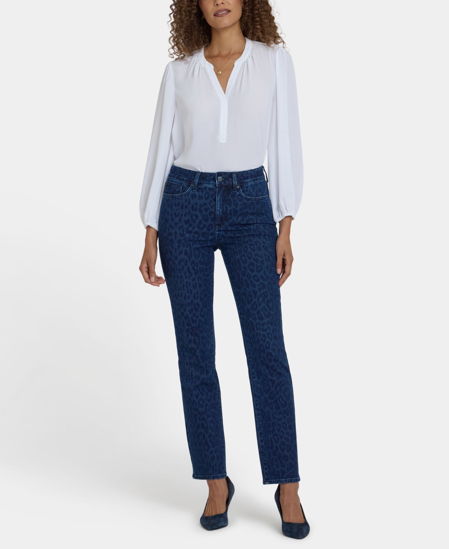 Женские джинсы NYDJ Petite High Rise Marilyn Straight, цвет: Джинсовый леопардовый — фото 1