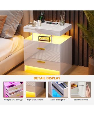 22.8" Wood LED Nightstand RGB Lights Auto Sensor Charging Station