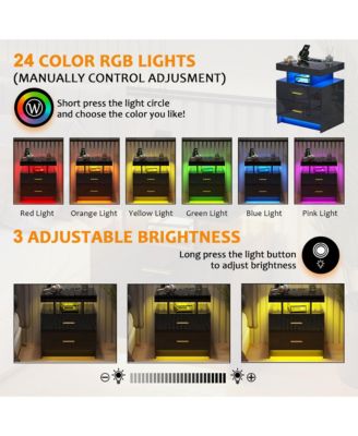 22.8" Wood LED Nightstand RGB Lights Auto Sensor Charging Station