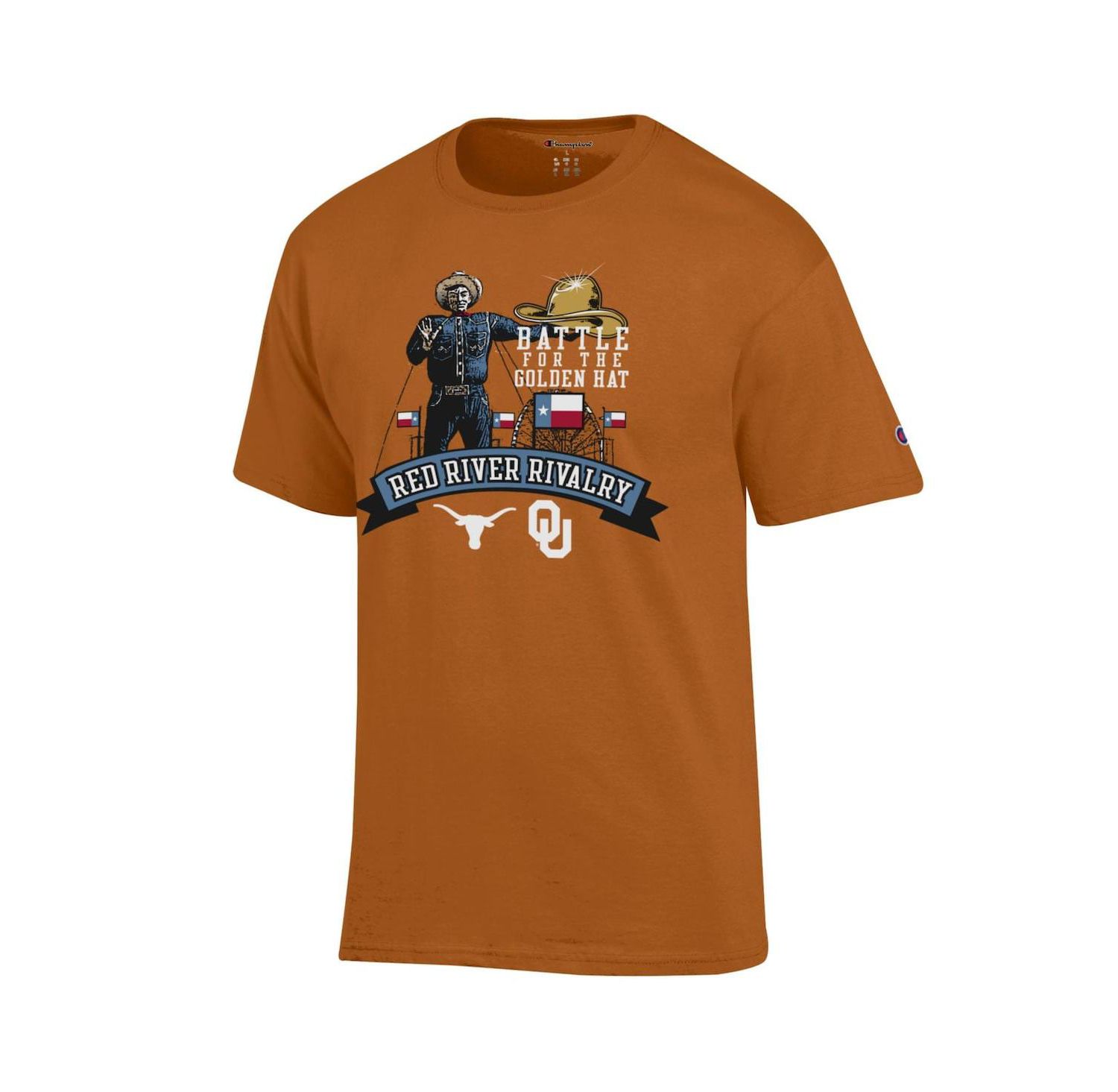 Men's Texas Orange Texas Longhorns vs. Oklahoma Sooners Red River Rivalry Big Tex Battle For The Golden Hat T-Shirt
