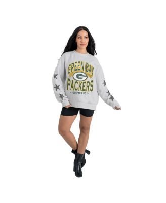Women's Ash Green Bay Packers Resilience Relaxed Rhinestone Pullover Sweatshirt