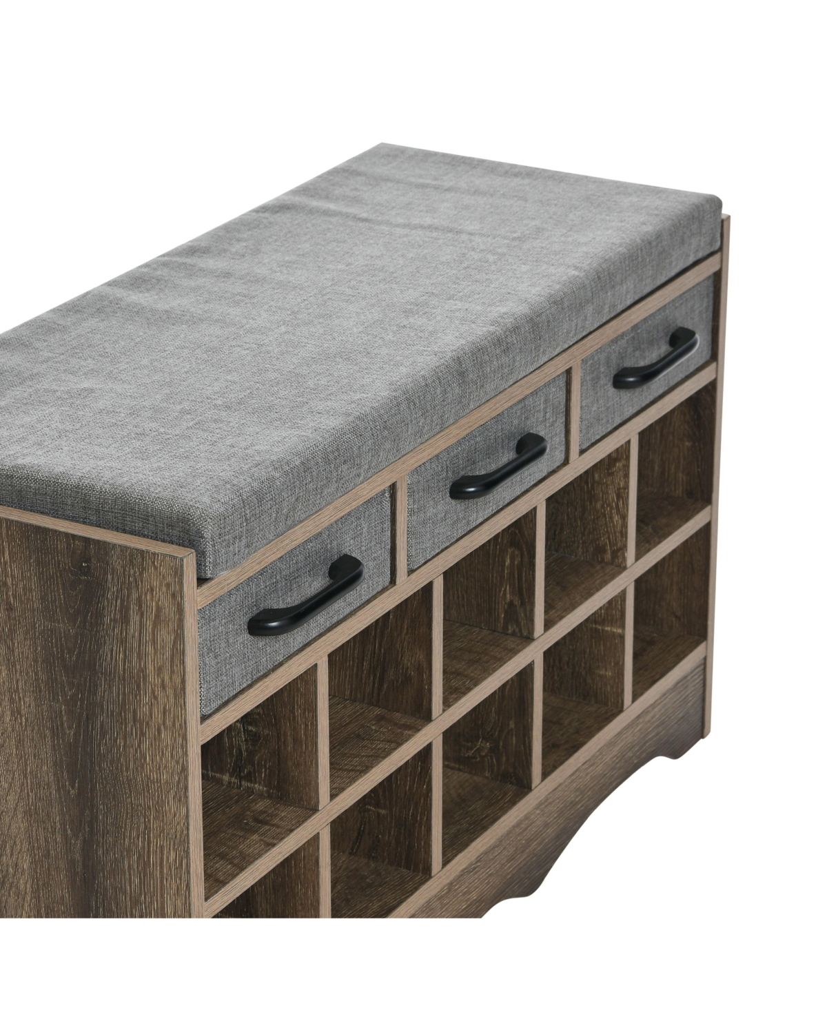 Household Essentials Entryway Storage Bench with Drawers, Shoe Compartments and Cushioned Seat in Ashwood Rustic Wood Grain