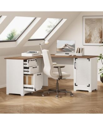 L Shaped Gaming Desk, Computer Desk，59" Wooden Executive Desk with File Drawer & Adjustable Storage Cabinet