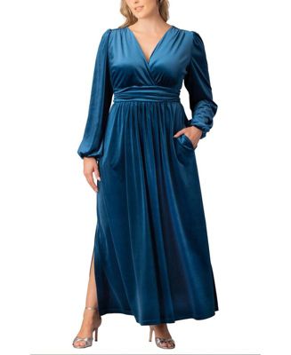 Plus Size Vivienne Long Sleeve Velvet Evening Gown with Pockets