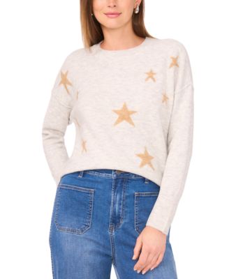 Women's Cozy Crewneck Star-Print Dropped-Shoulder Sweater