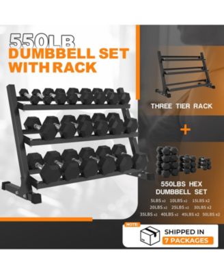 Rubber Hex Dumbbell Set with Rack - 550LB Capacity, Chrome Handles