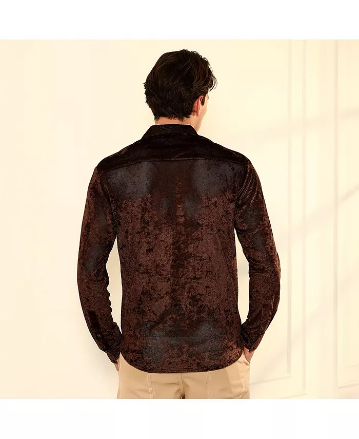 Men's Chocolate Brown Solid Velvet Shirt - thumbnail 4