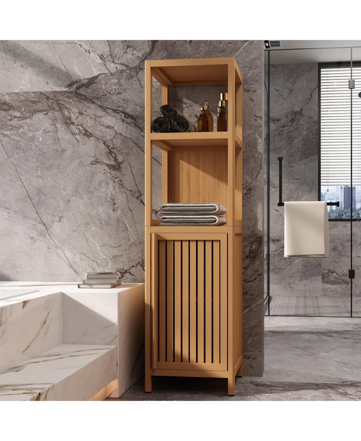 Airsurfer Large Capacity Multifunctional Bamboo Storage Cabinet Furniture for Bathroom and Living Room Freestanding Organizer