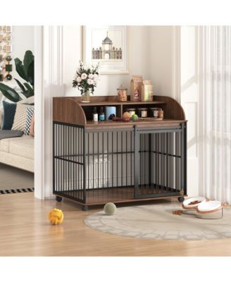 44 Inch Heavy Duty Large Dog Crate Furniture Wooden Dog Kennel End Table Crate with Lockable Wheels and Double Layer Storage Brown
