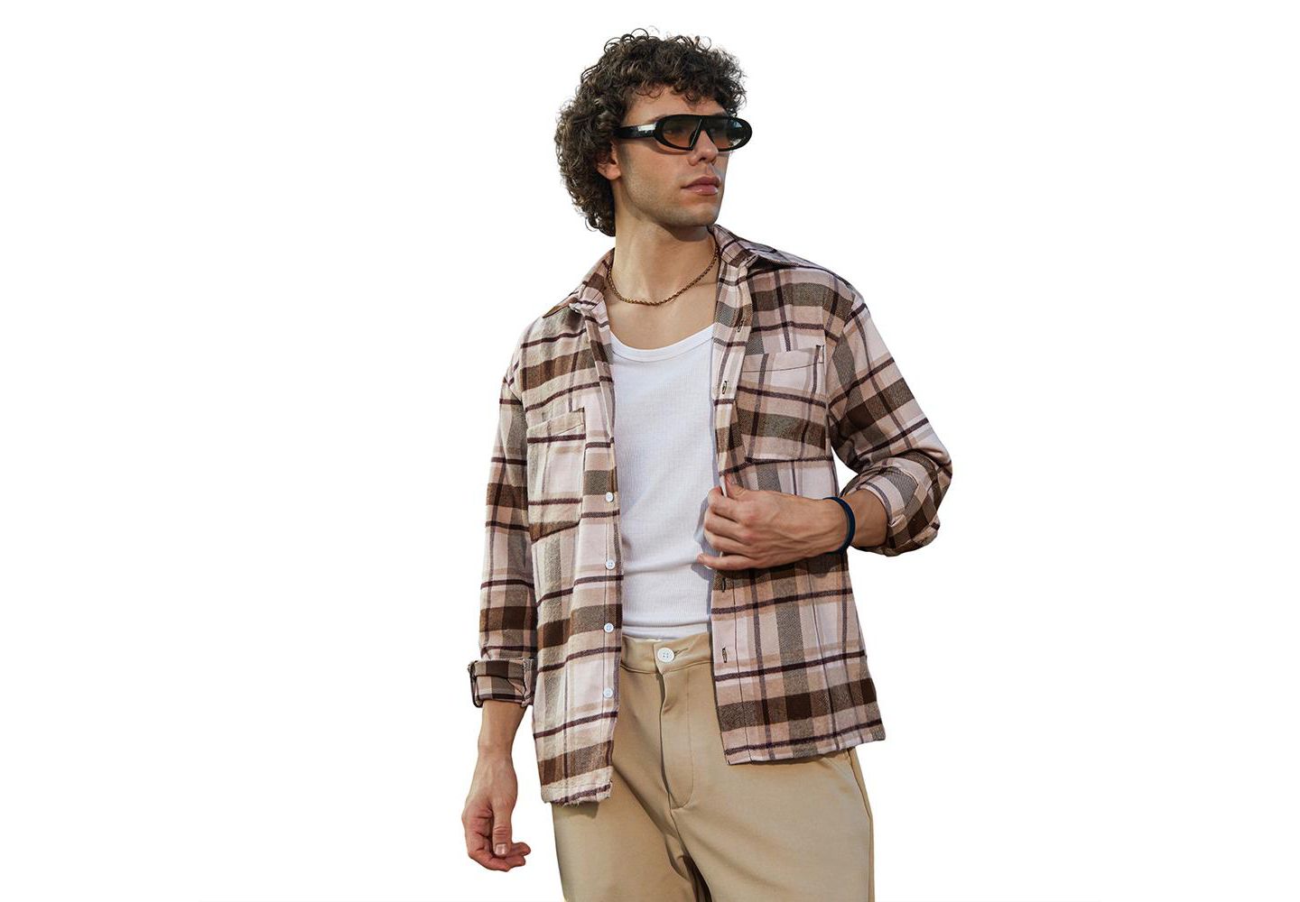 Мужские куртки Cahoot Campus Sutra Saltbox Beige & Pecan Brown Tartan Utility Shacket, цвет: Коричневый — фото 1