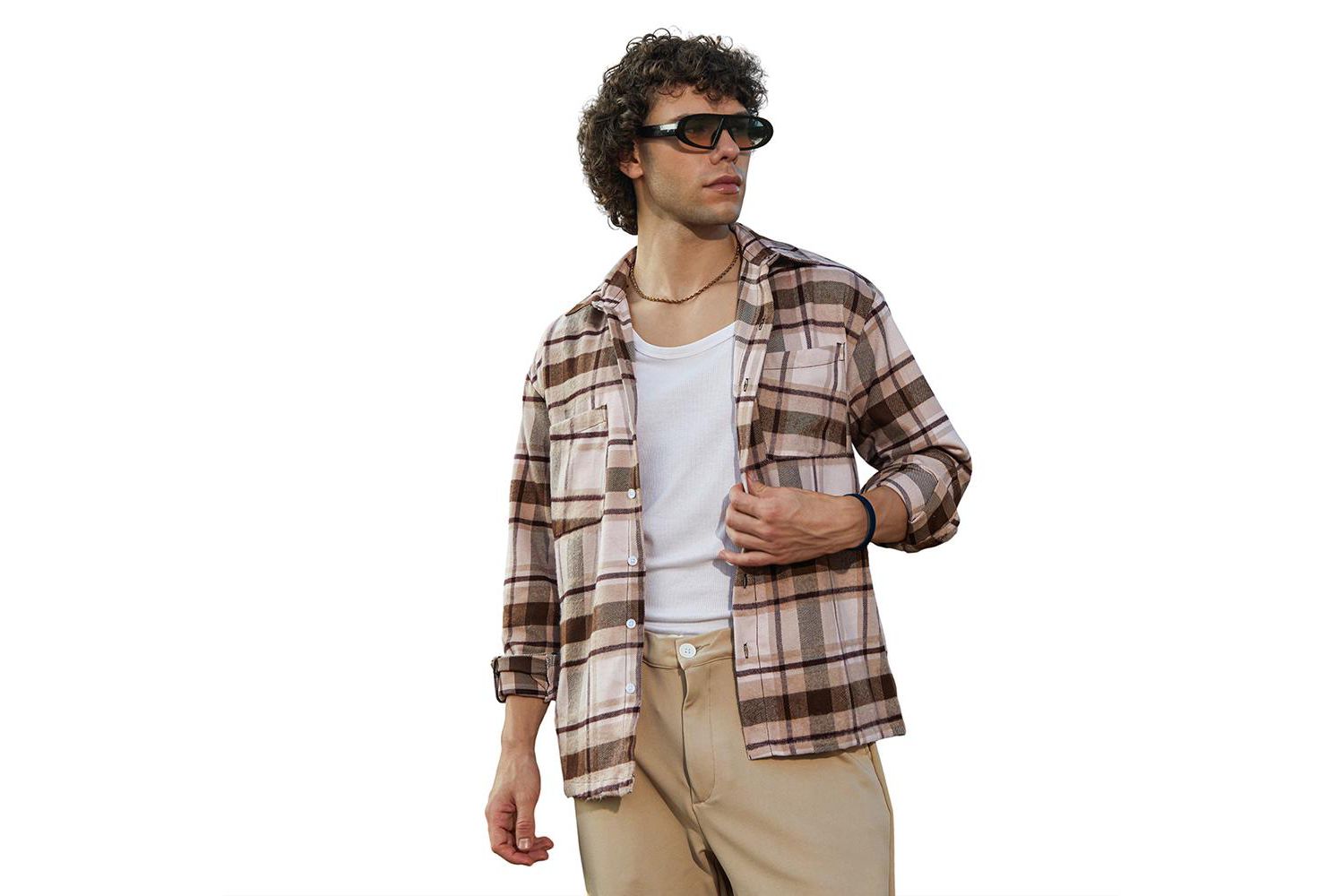 Men's Saltbox Beige & Pecan Brown Tartan Utility Shacket