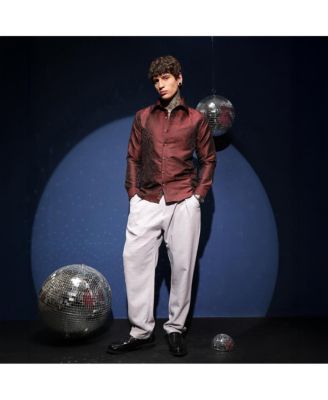 Men's Burgundy Red Foliage-Woven Shirt