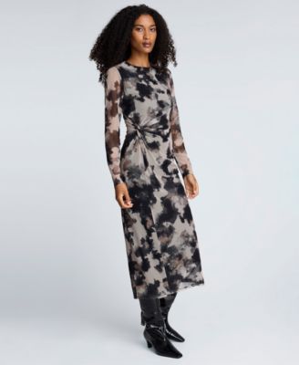 Women's Printed Mesh Long-Sleeve Knot Dress