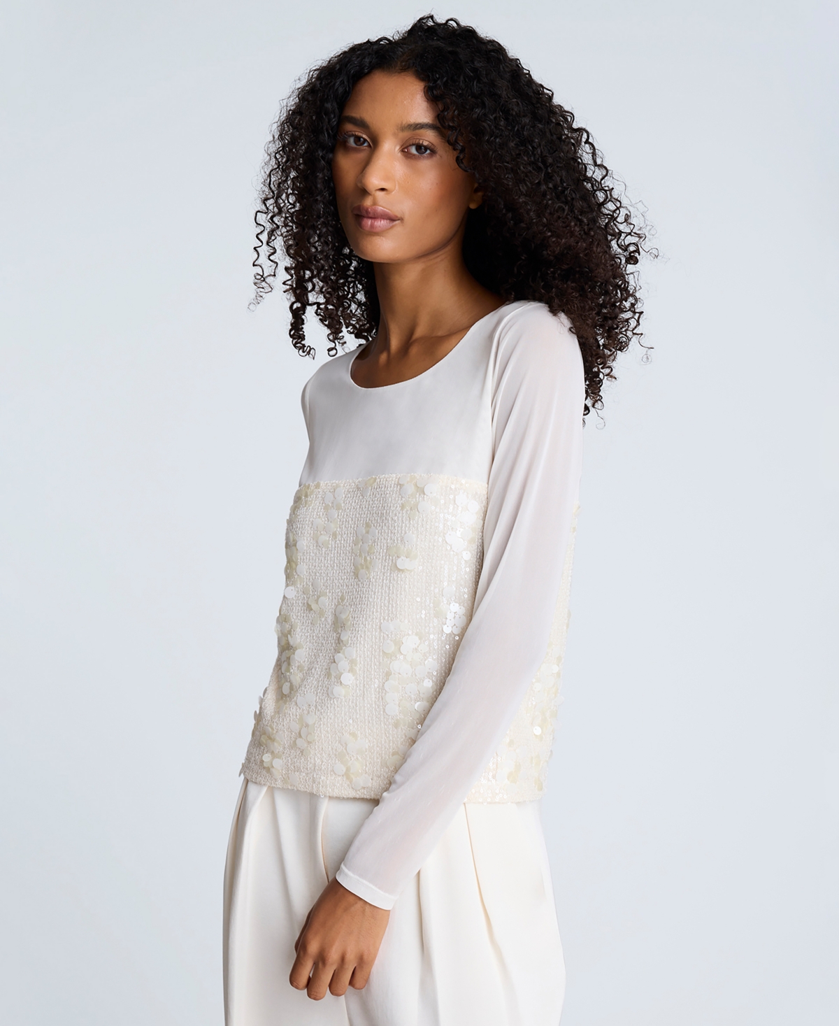 Kenneth Cole Women's Paillette Mesh Long-Sleeve Top