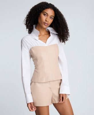 Women's Solid Poplin Y-Neck Long-Sleeve Shirt