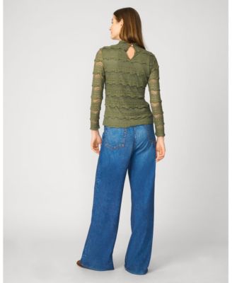 Women's Ruffle Lace Stretch Mock Neck Top