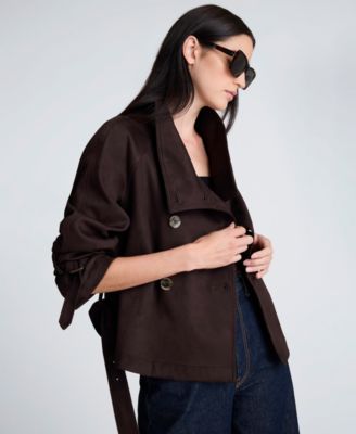 Women's Faux Suede Cropped Belted Trench Jacket