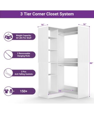 Freestanding Corner Closet System with 8 Shelves and 2 Hanging Rods, 36-Inch Closet Organizer for Bedroom
