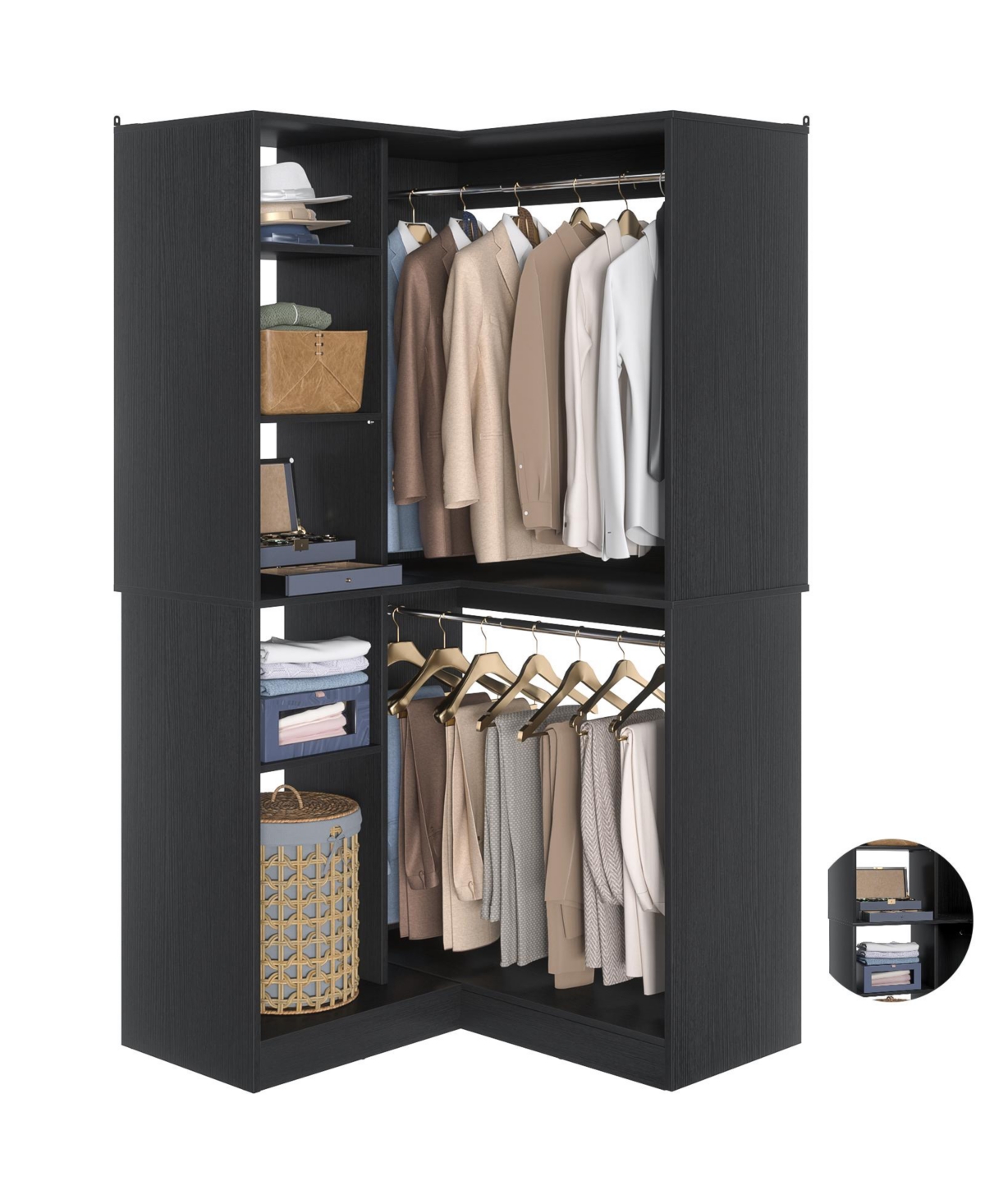 Aheaplus Freestanding Corner Closet System, 36'' Organizer System with 8 Shelves & 2 Hanging Rods for Closet/Bedroom