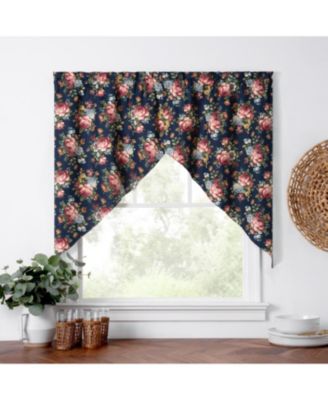 Ellis Bella Rose Stylish Medium Scale Printed Floral Pattern 1.5" Rod Pocket Tailored Swag 56"x36" Navy