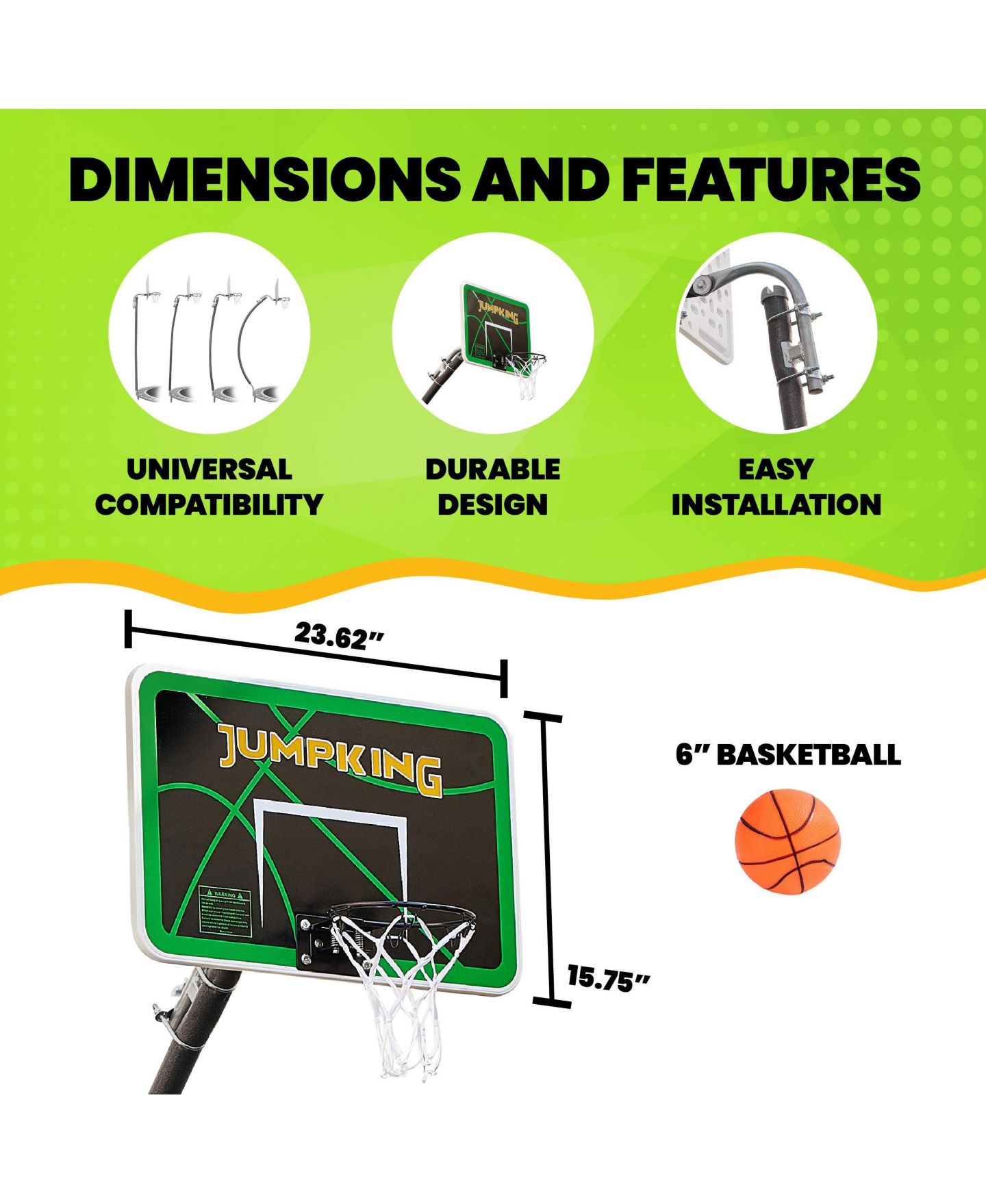 Детские игрушки JumpKing Trampoline Basketball Hoop Set, 7.5" Breakaway Metal Ring, Fits Most Trampolines, Ages 6+, цвет: Чёрный / Зелёный — фото 2